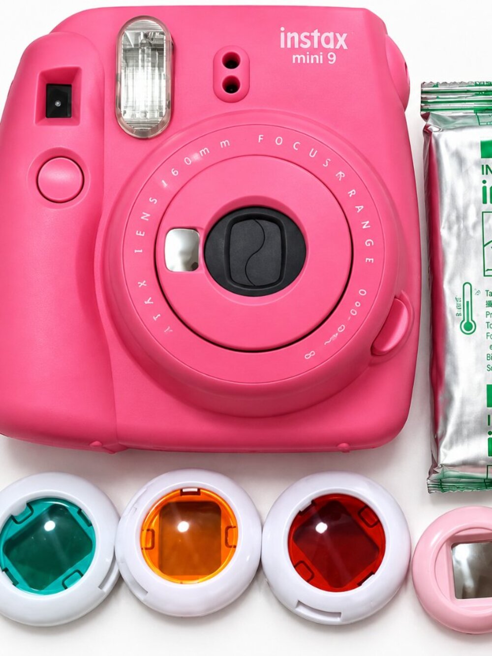 Fujifilm Instax Mini 9 Flamingo Pink Camera w/ Film & Colored Lens Filters Lot
